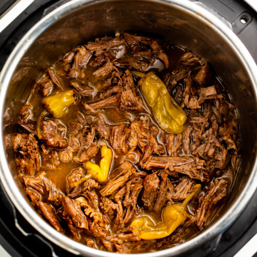 Overhead, top-down look at Instant Pot Mississippi pot roast in the Instant Pot.