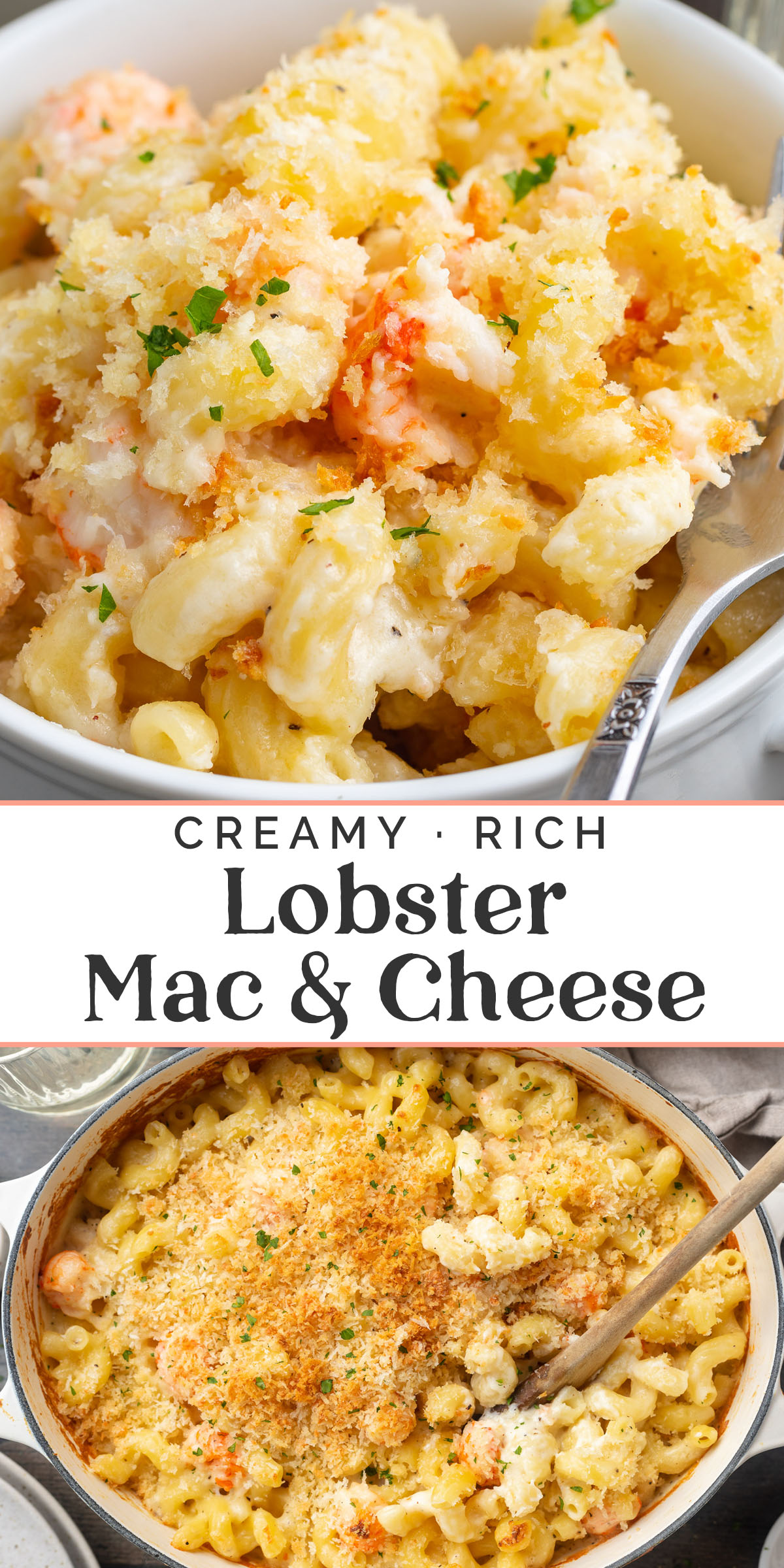 Pin graphic for lobster mac and cheese.