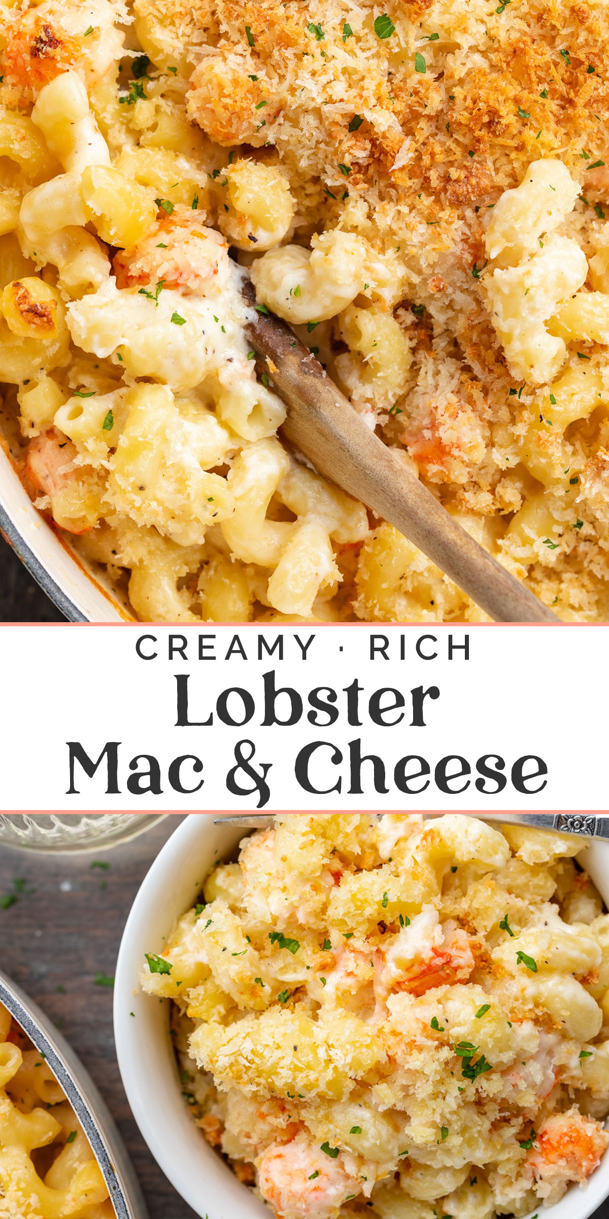 Pin graphic for lobster mac and cheese.