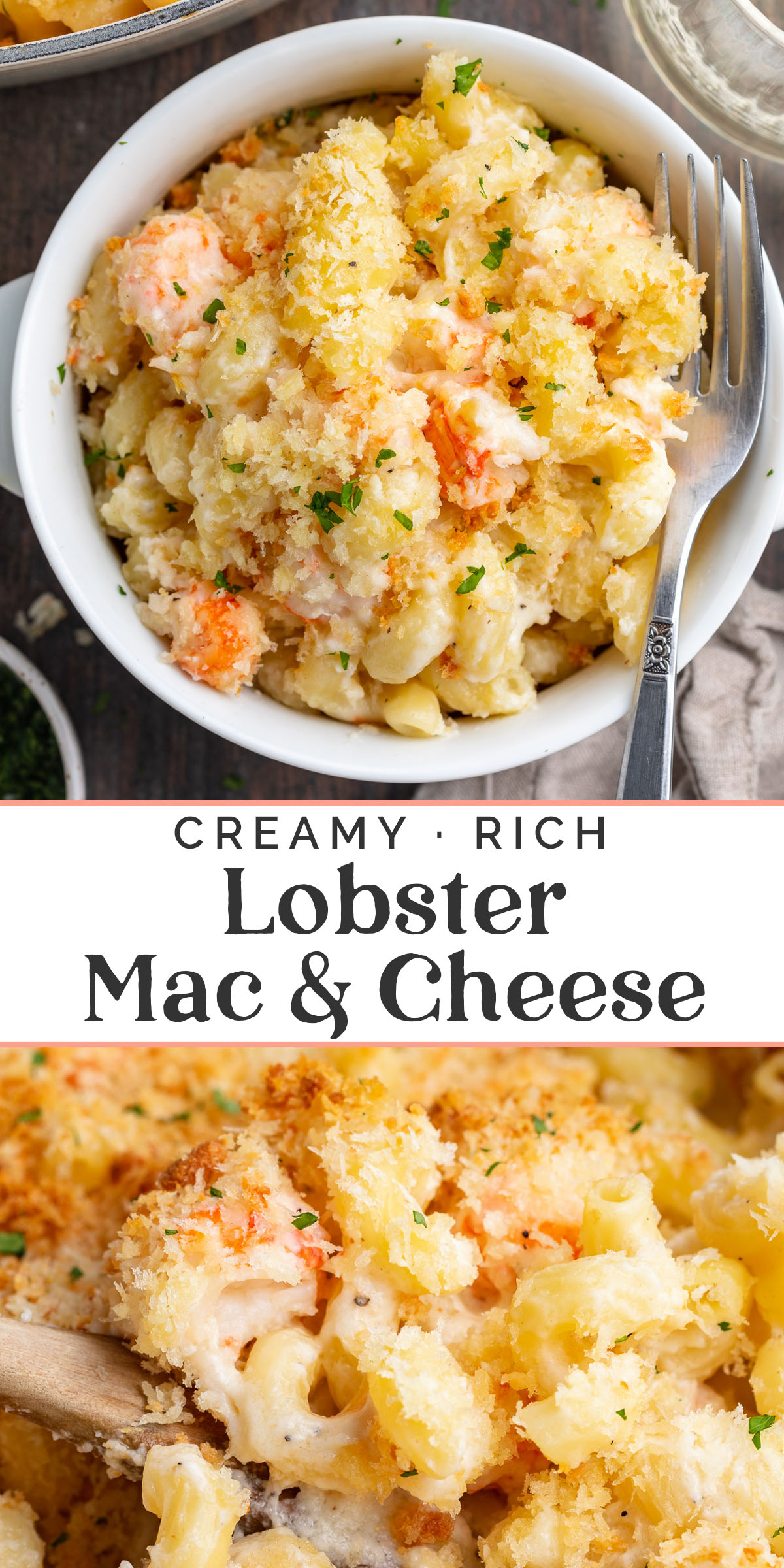 Pin graphic for lobster mac and cheese.