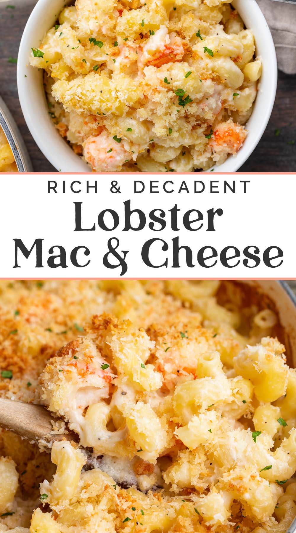 Pin graphic for lobster mac and cheese.