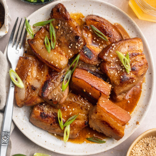 Overhead view of sliced sous vide pork belly garnished with sesame seeds and sliced green onions on a round white plate.