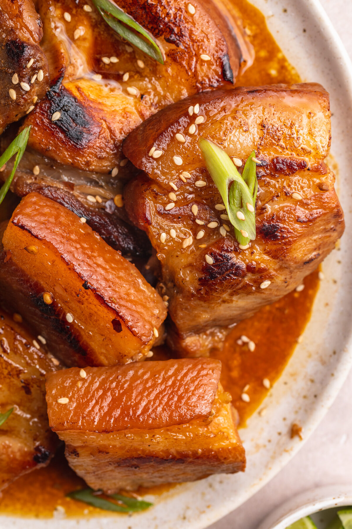 Close-up of sous vide pork belly, garnished with white sesame seeds and sliced green onions, on a white plate.