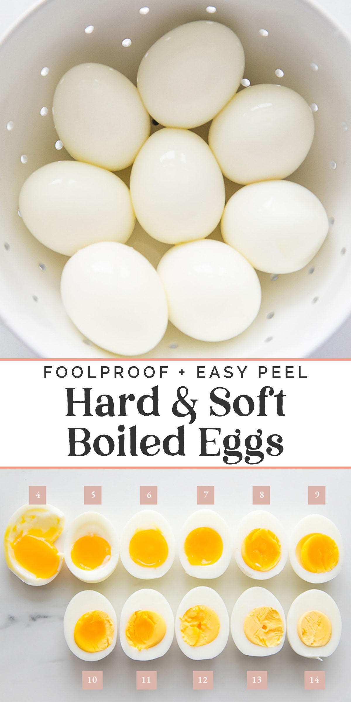 Pin graphic for perfect, easy peel hard- and soft-boiled eggs.