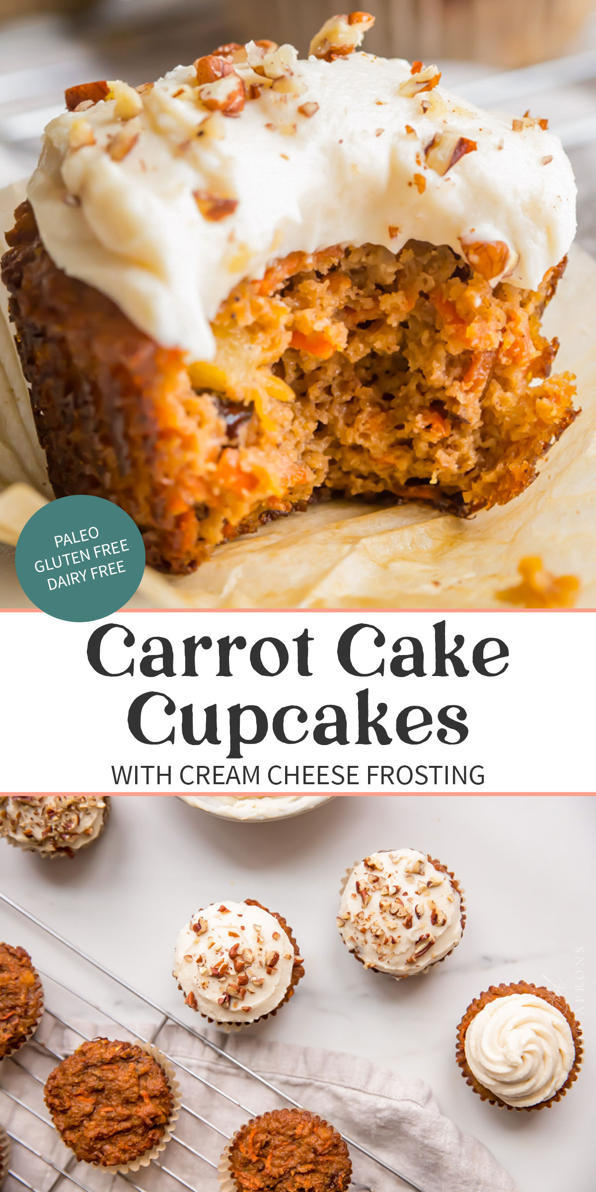 Pin graphic for paleo carrot cake cupcakes.