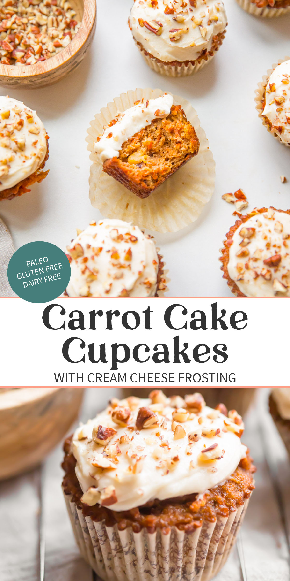 Pin graphic for paleo carrot cake cupcakes.