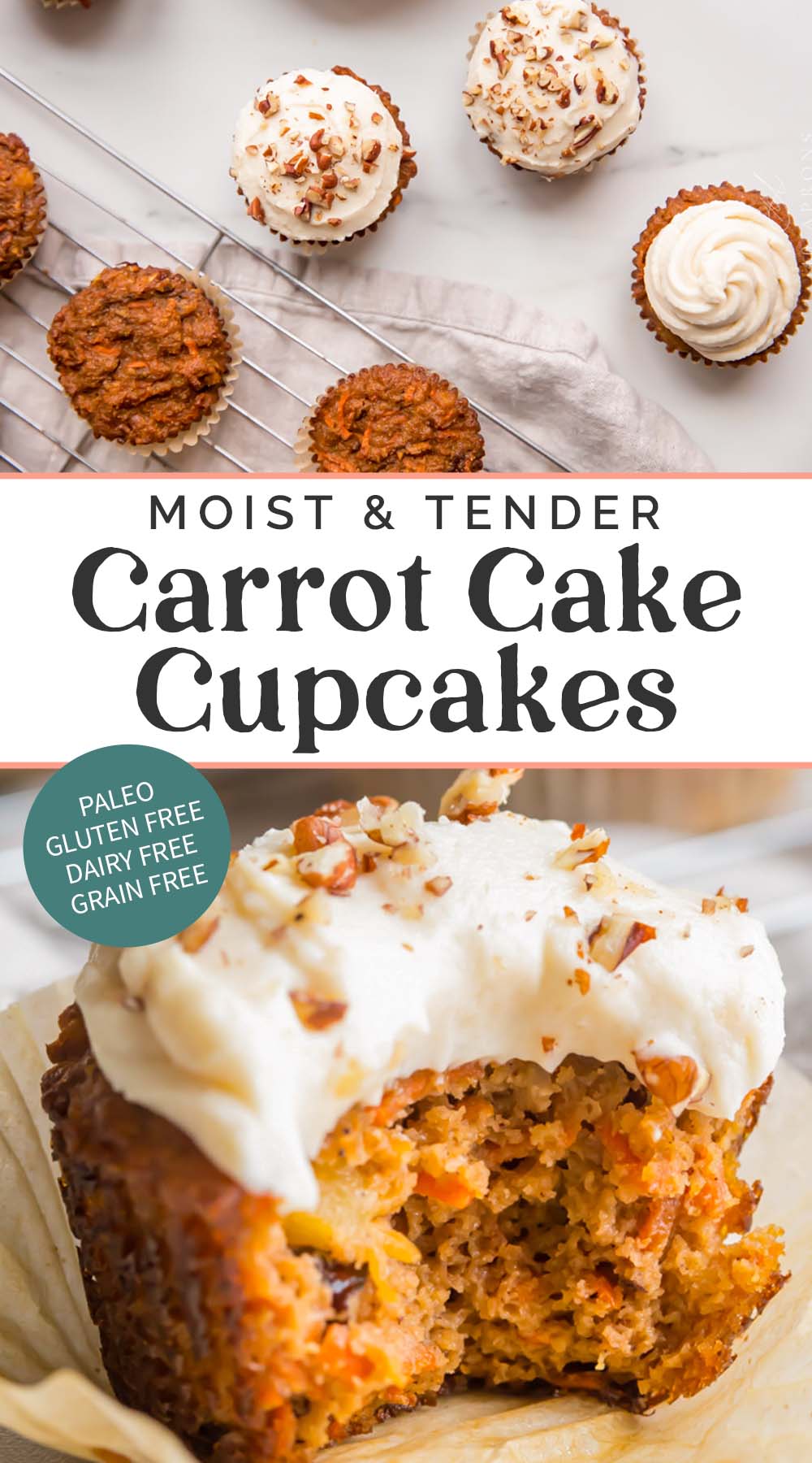 Pin graphic for paleo carrot cake cupcakes.