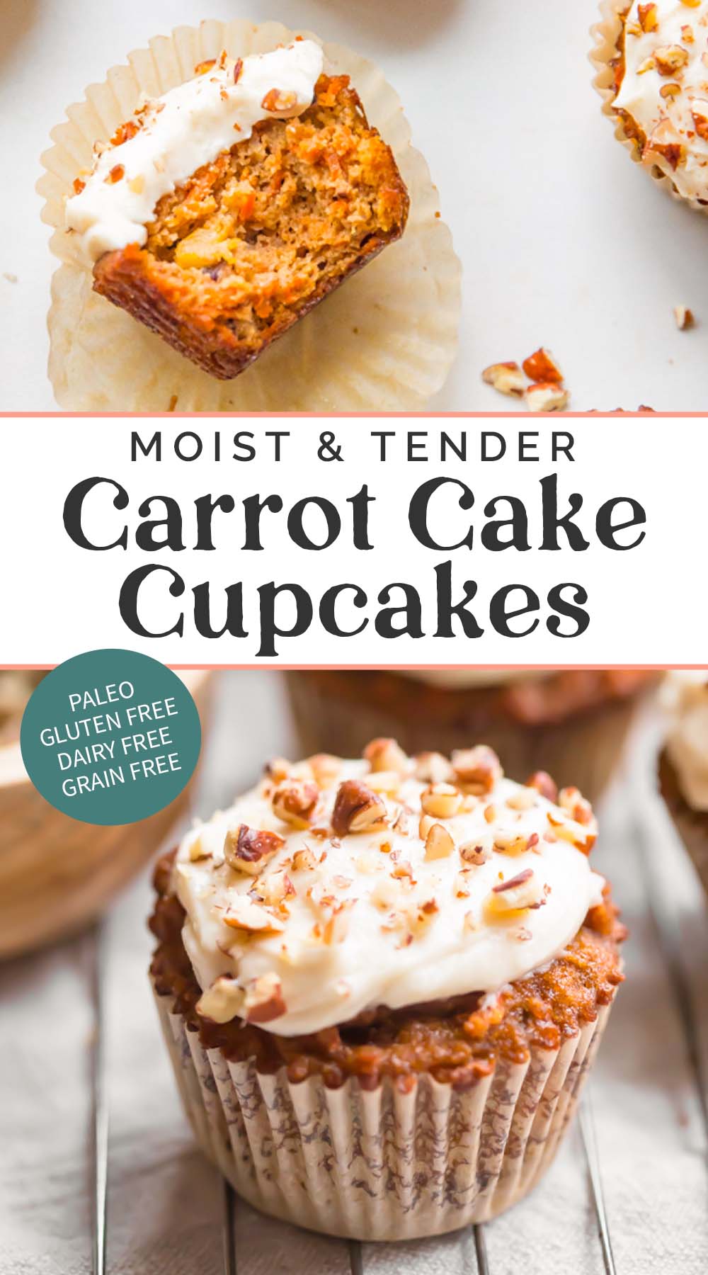 Pin graphic for paleo carrot cake cupcakes.