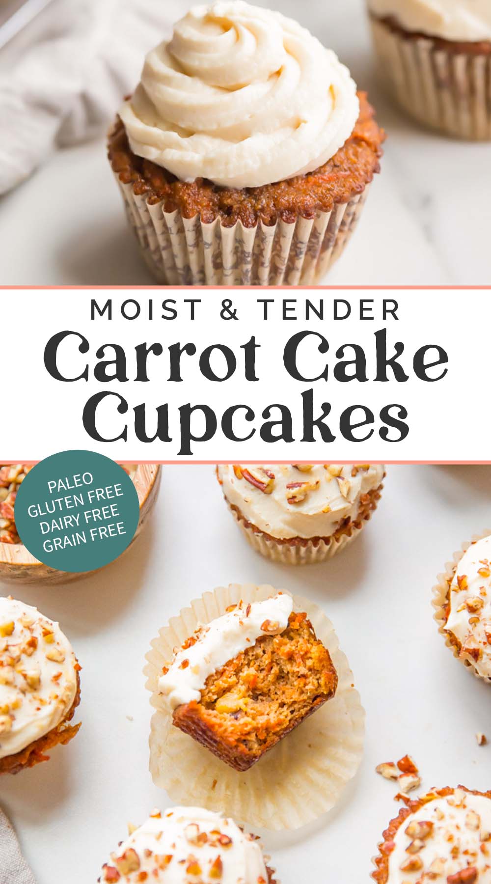 Pin graphic for paleo carrot cake cupcakes.