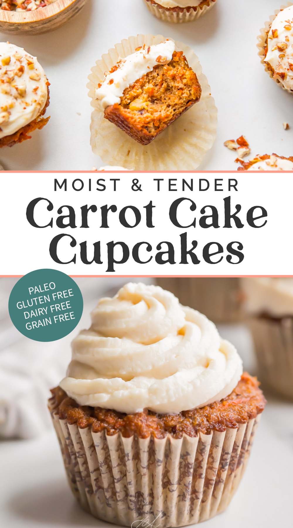 Pin graphic for paleo carrot cake cupcakes.