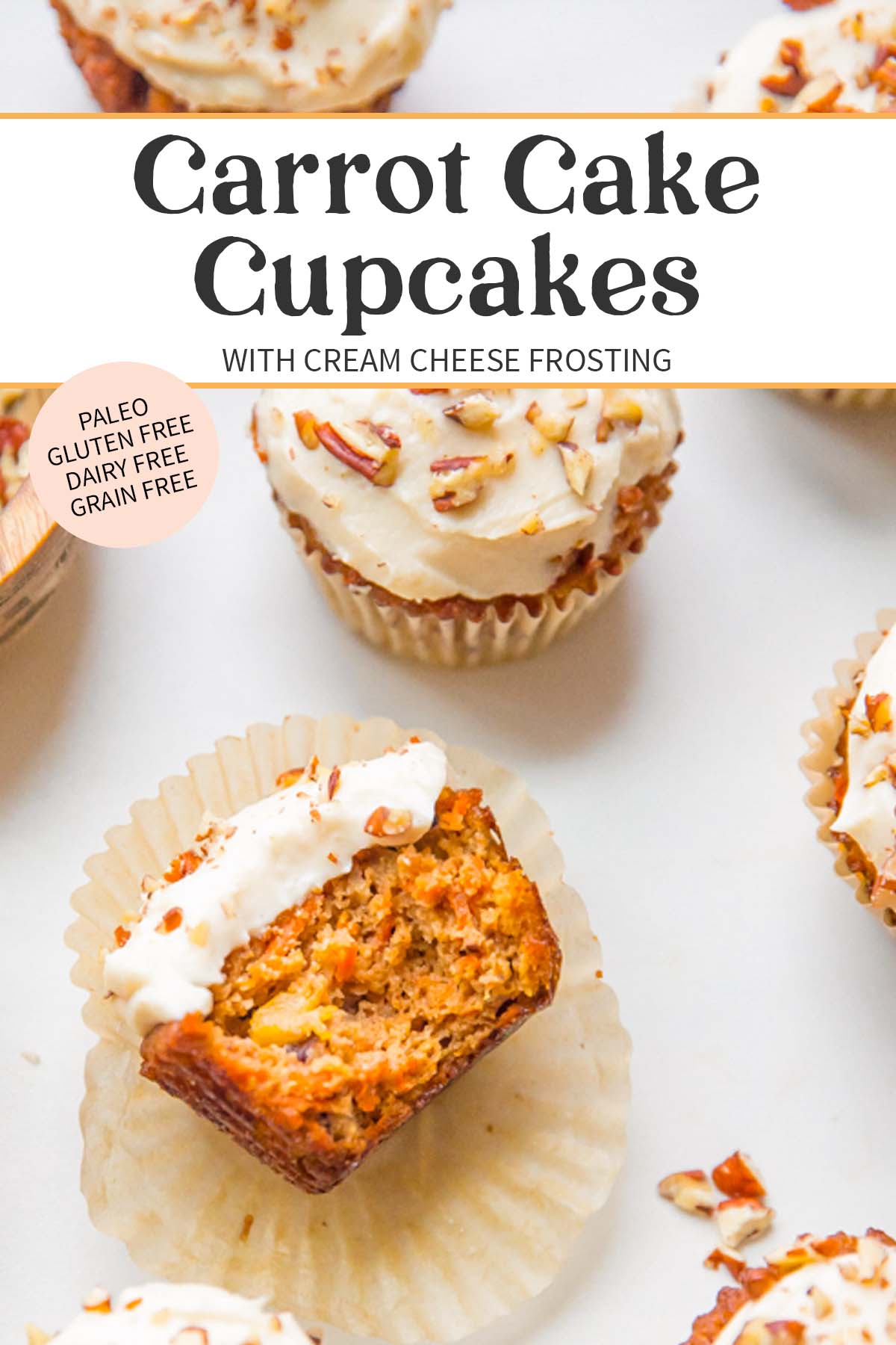 Pin graphic for paleo carrot cake cupcakes.