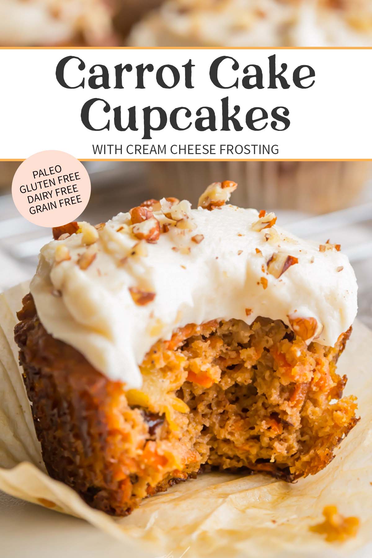 Pin graphic for paleo carrot cake cupcakes.