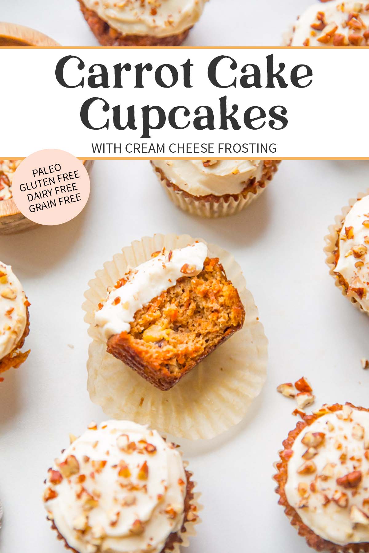 Pin graphic for paleo carrot cake cupcakes.