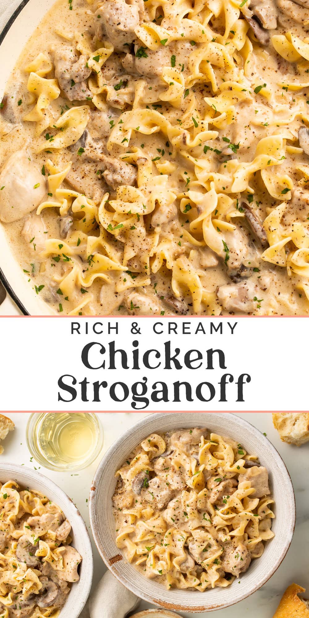 Pin graphic for chicken stroganoff.