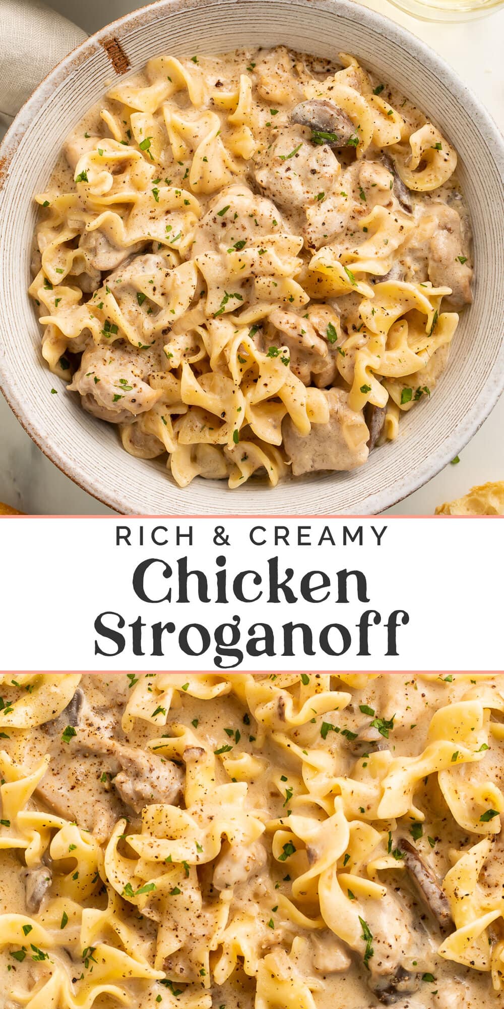 Pin graphic for chicken stroganoff.