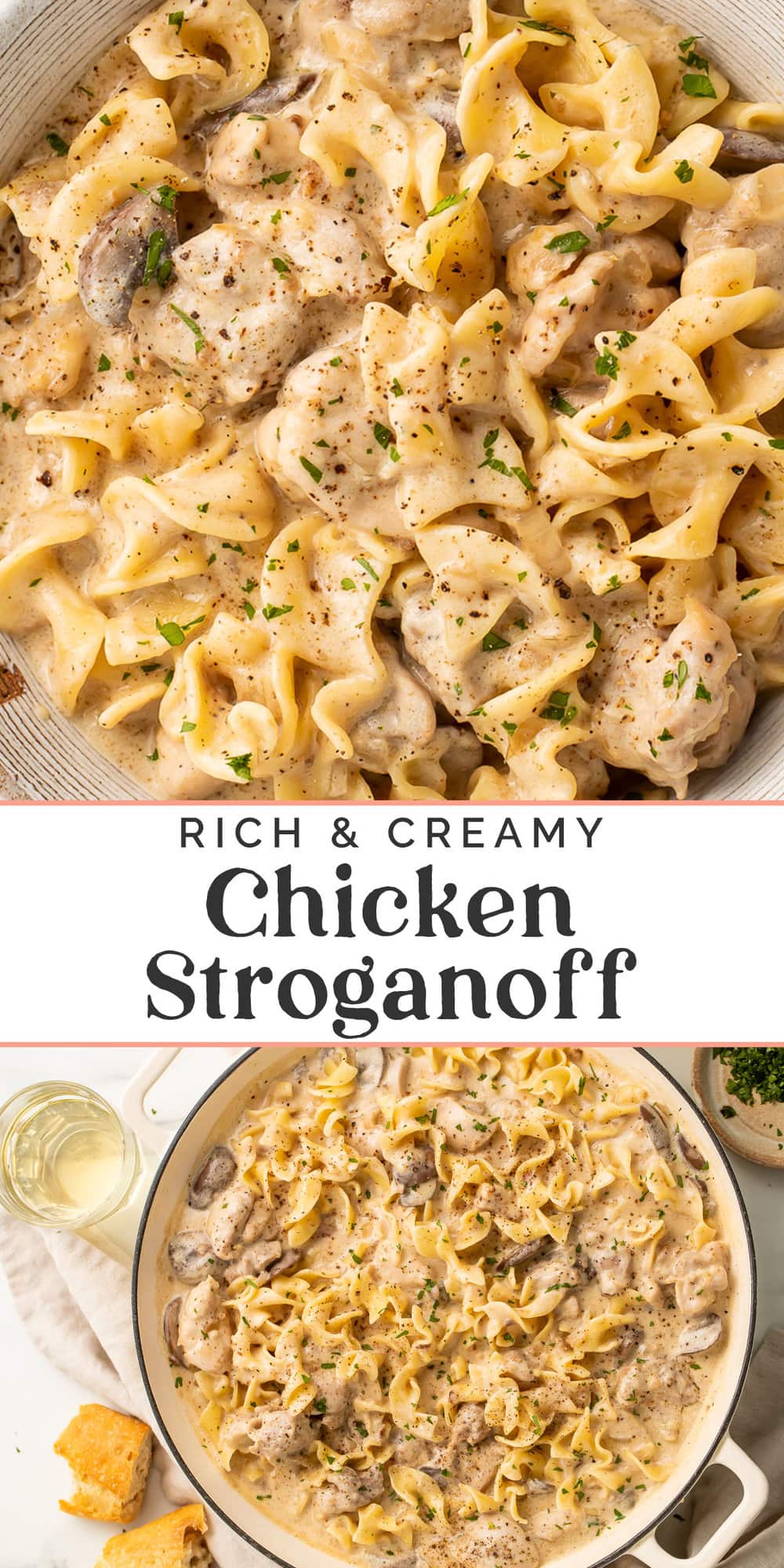 Pin graphic for chicken stroganoff.