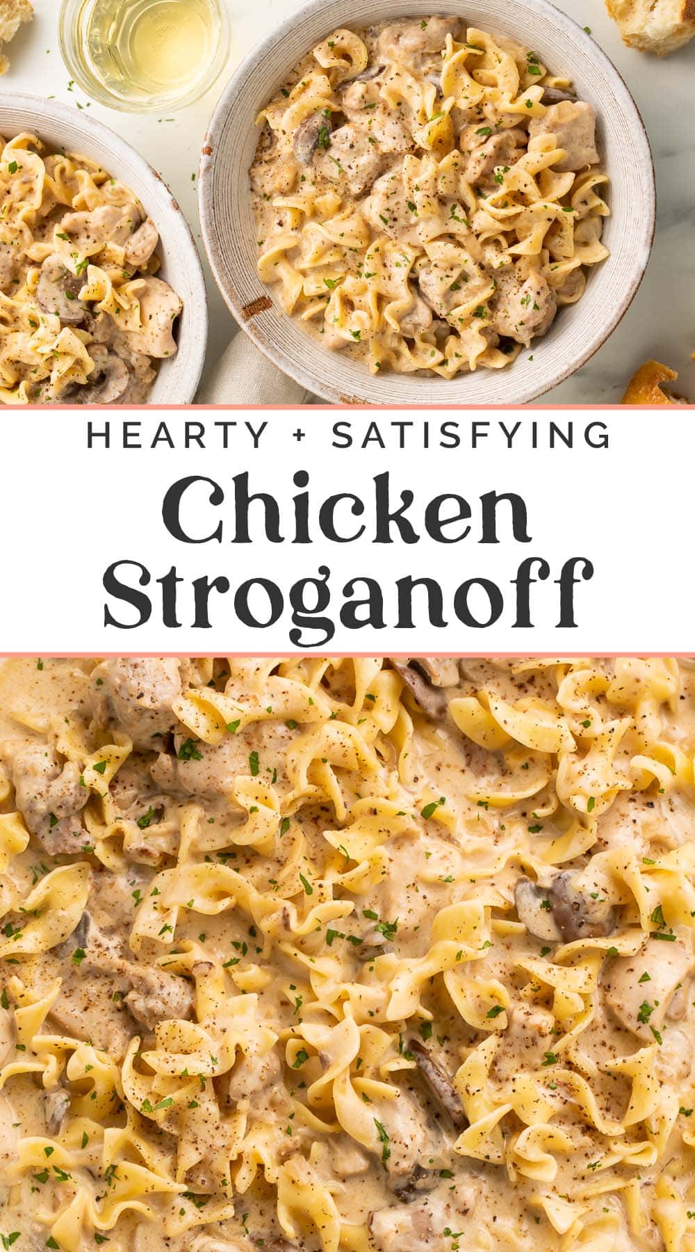 Pin graphic for chicken stroganoff.