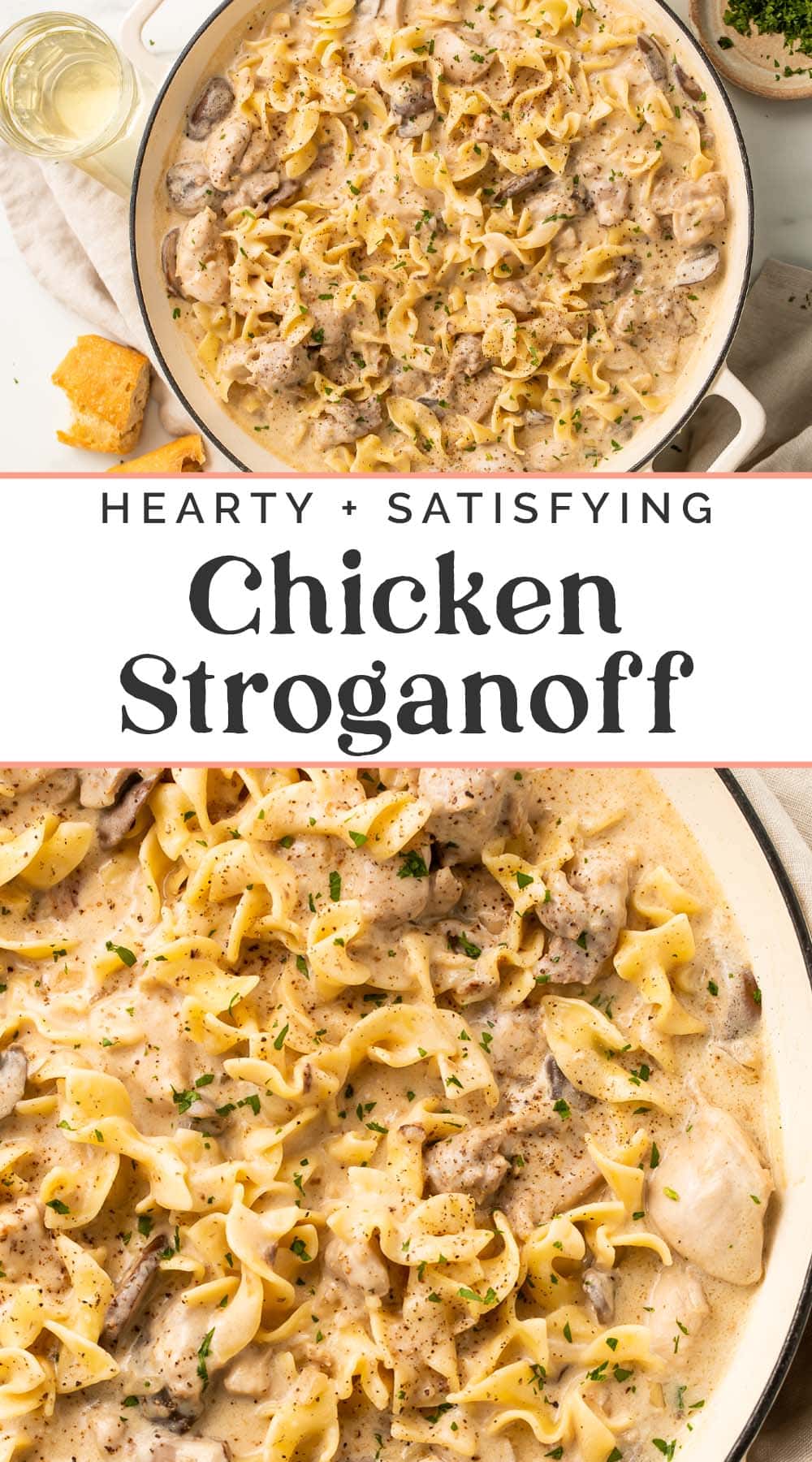 Pin graphic for chicken stroganoff.