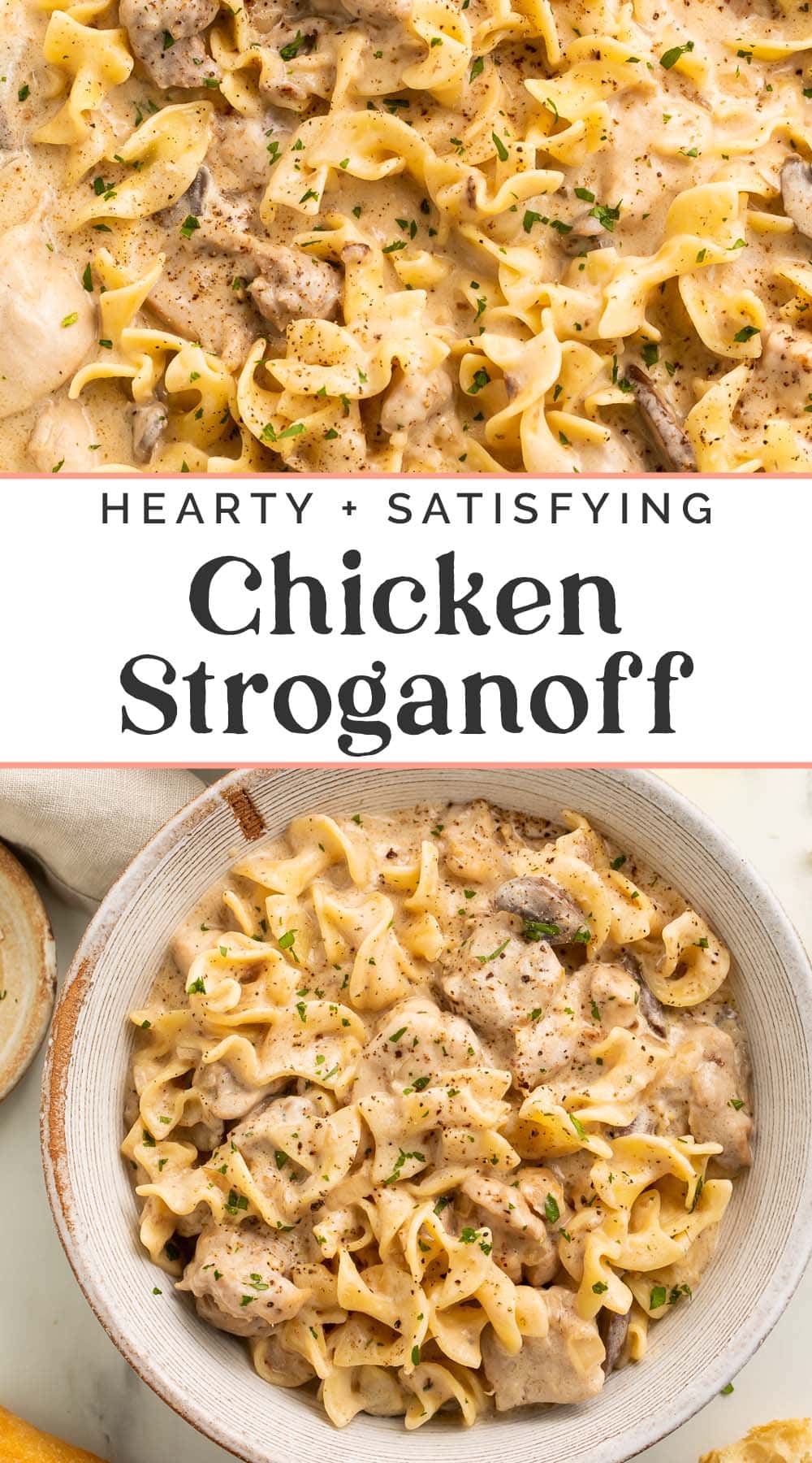 Pin graphic for chicken stroganoff.