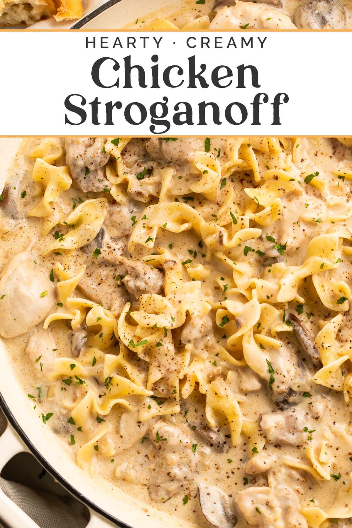 Pin graphic for chicken stroganoff.