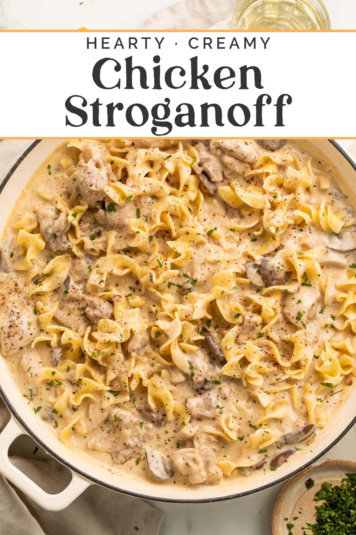 Pin graphic for chicken stroganoff.