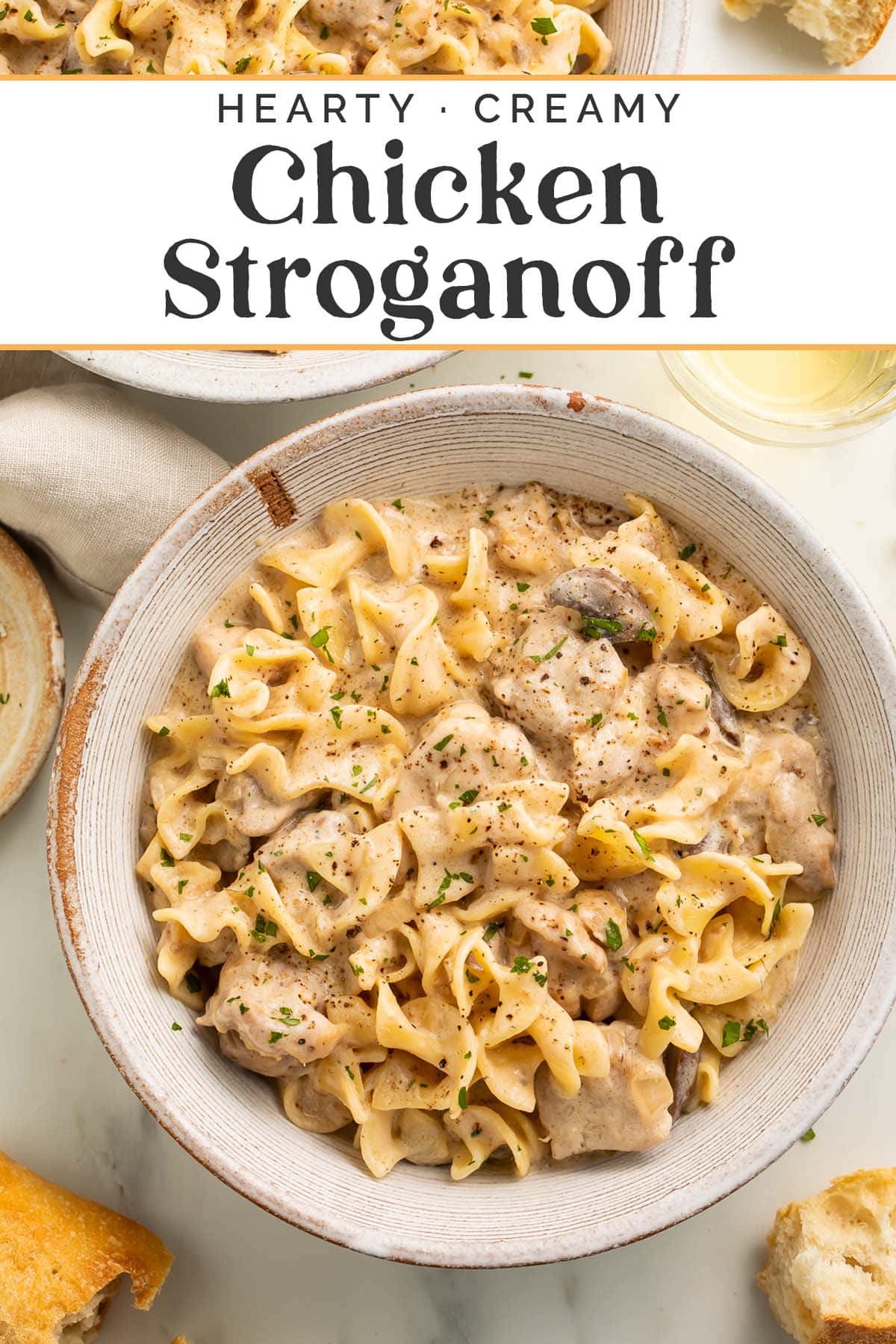 Pin graphic for chicken stroganoff.