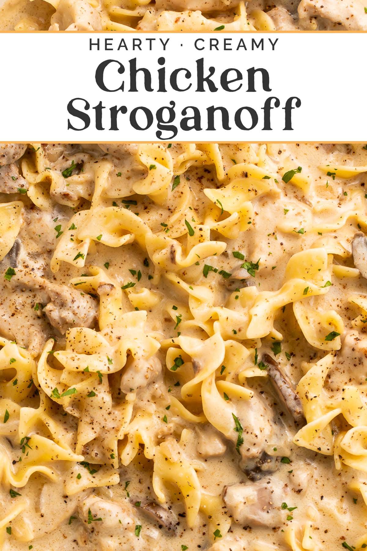 Pin graphic for chicken stroganoff.