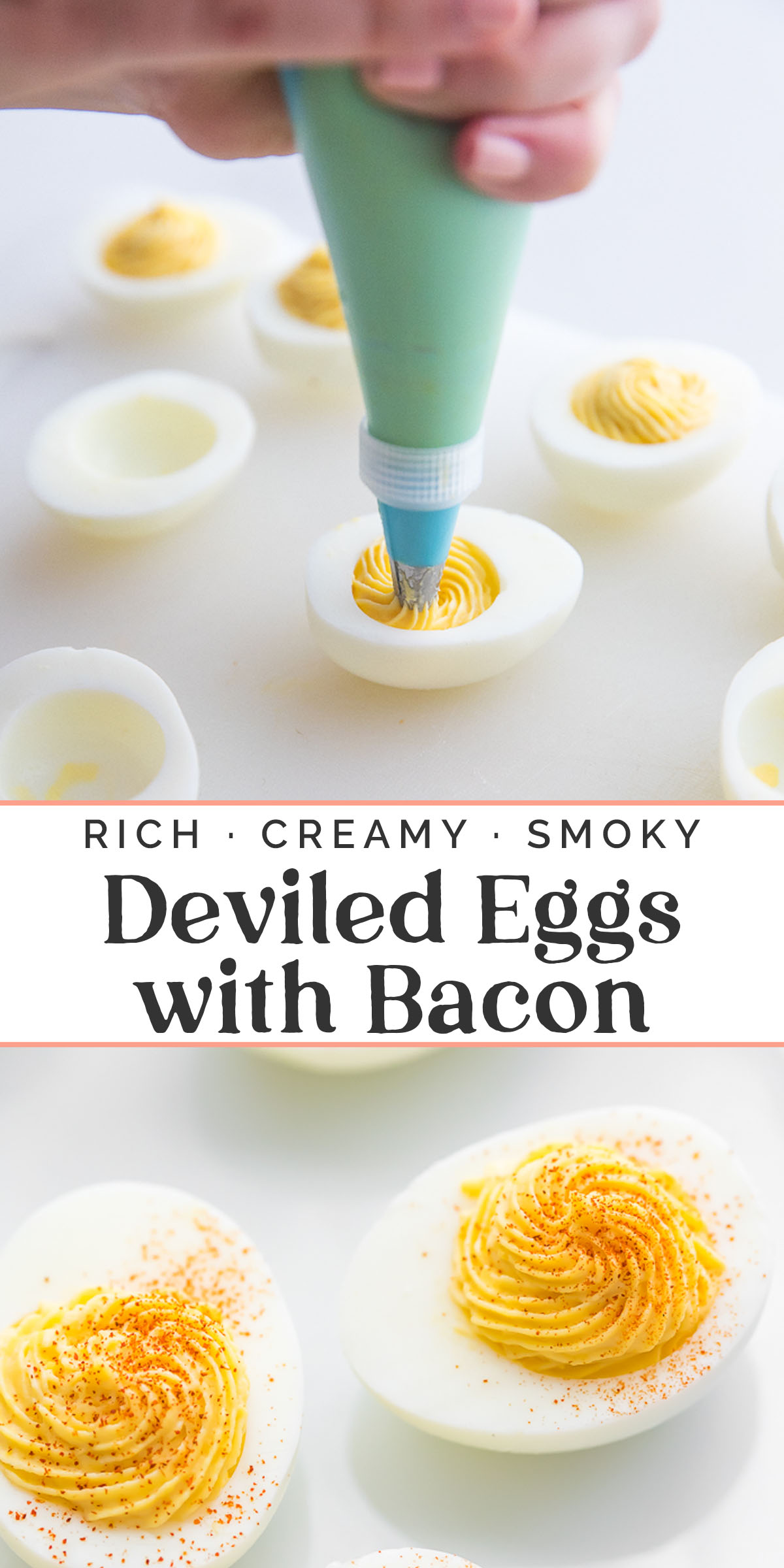 Pin graphic for keto deviled eggs with bacon.