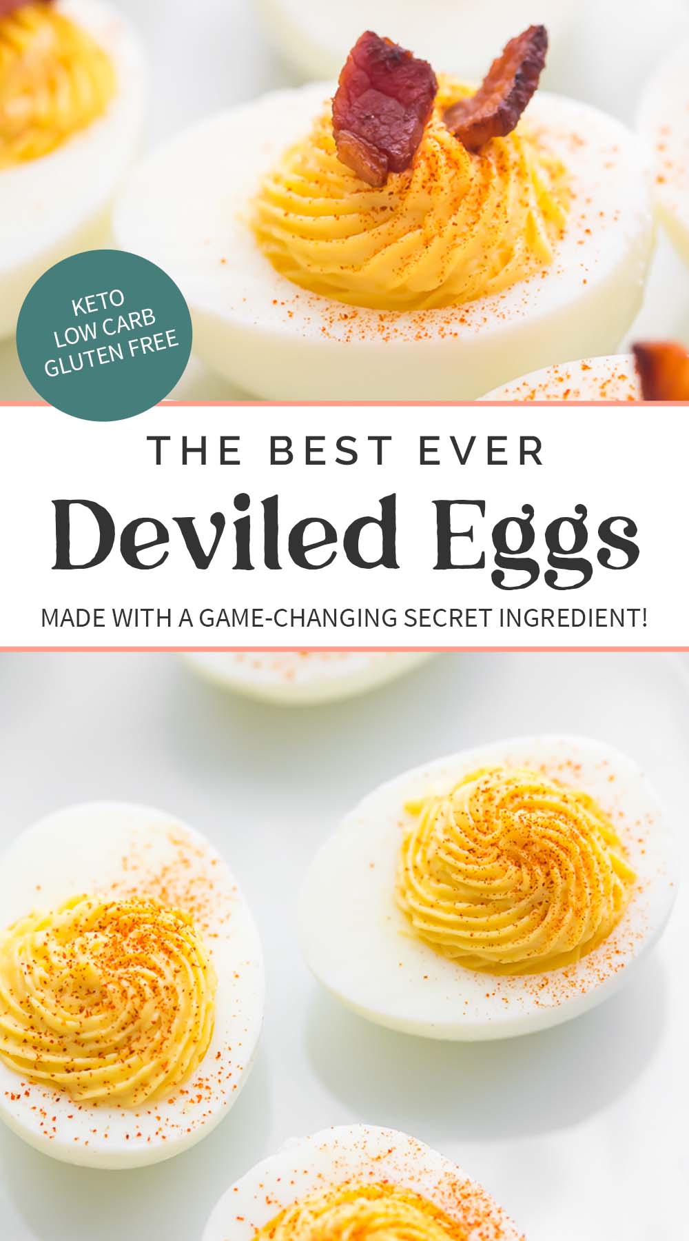 Pin graphic for keto deviled eggs with bacon.