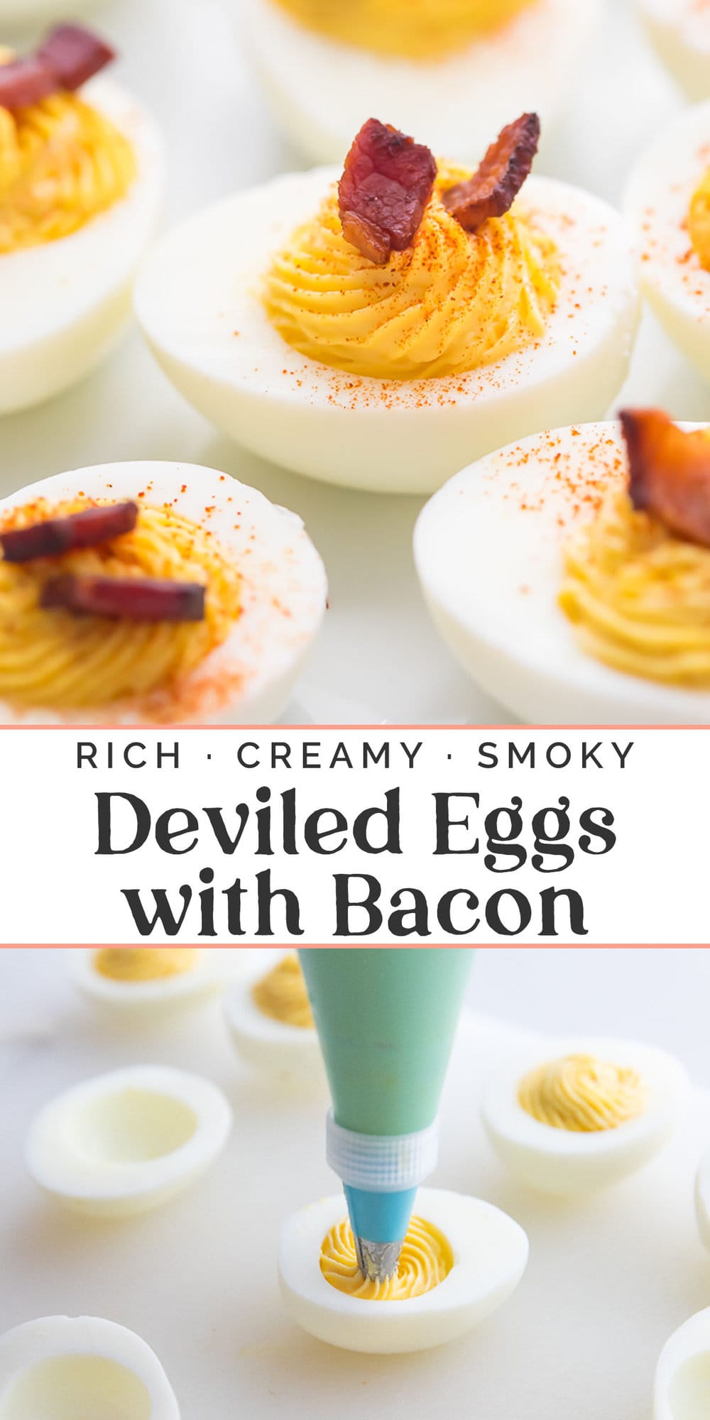 Pin graphic for keto deviled eggs with bacon.