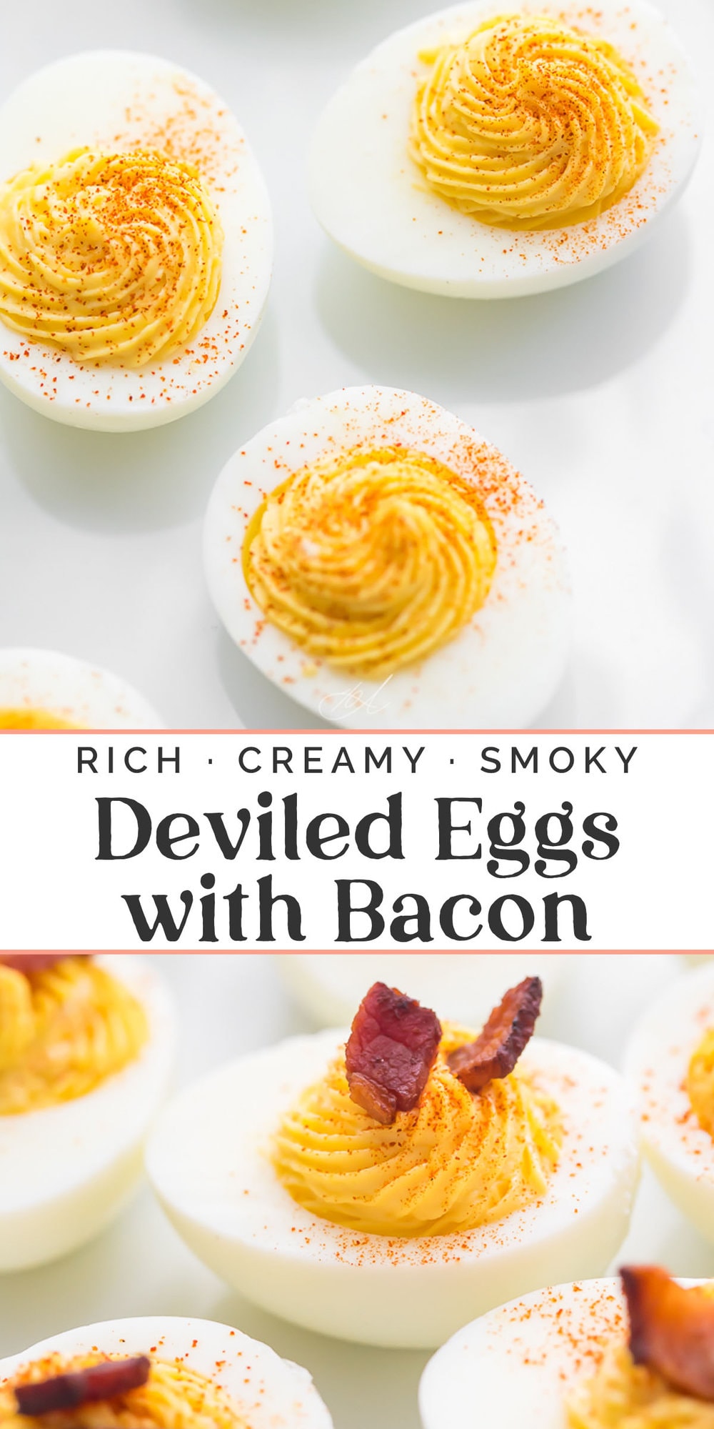 Pin graphic for keto deviled eggs with bacon.