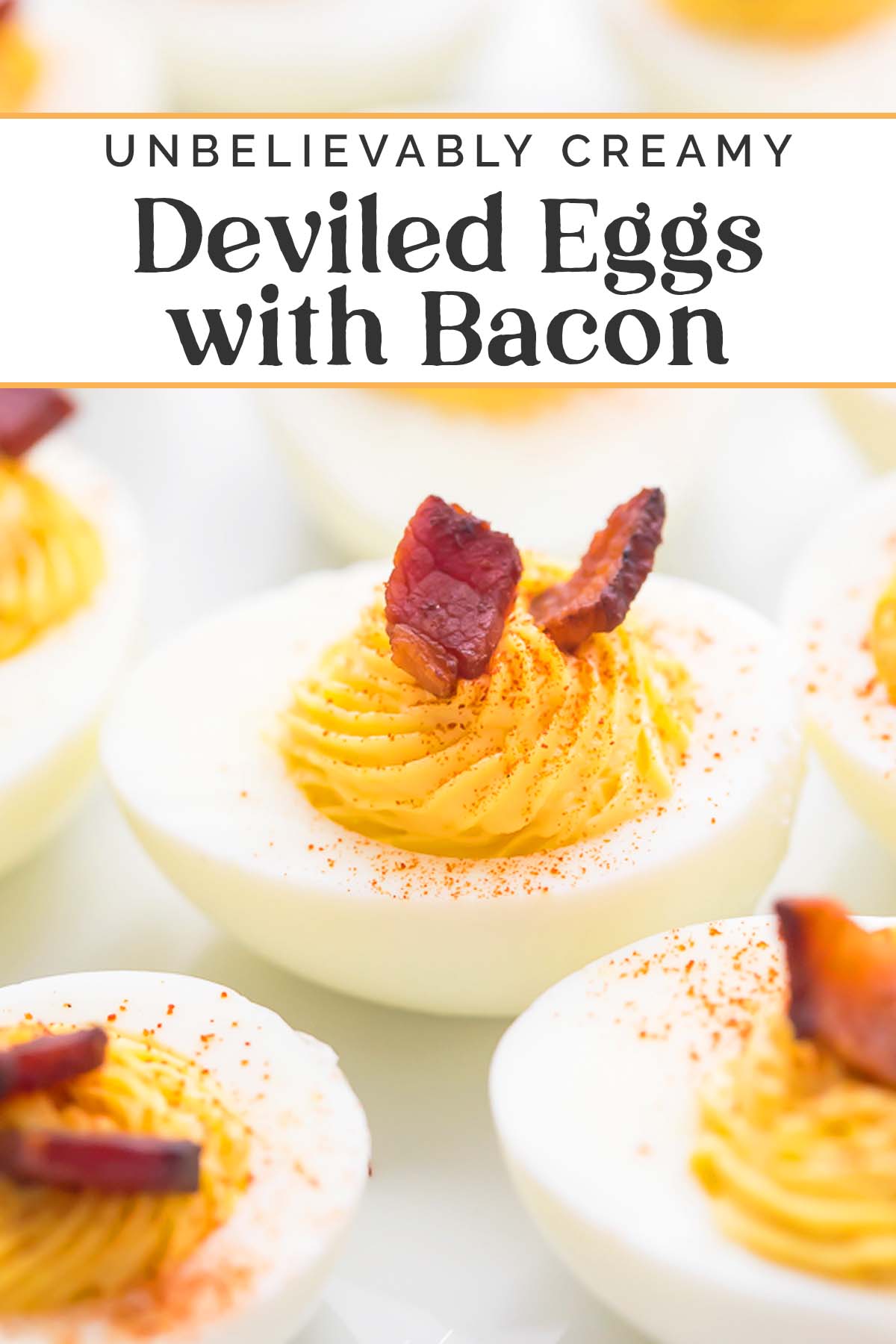 Pin graphic for keto deviled eggs with bacon.