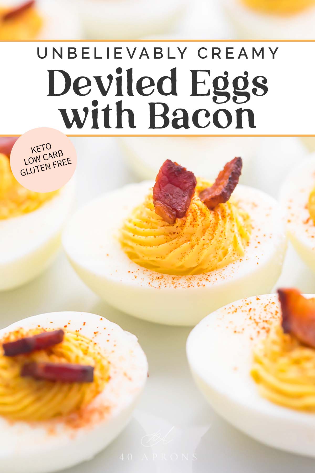 Pin graphic for keto deviled eggs with bacon.