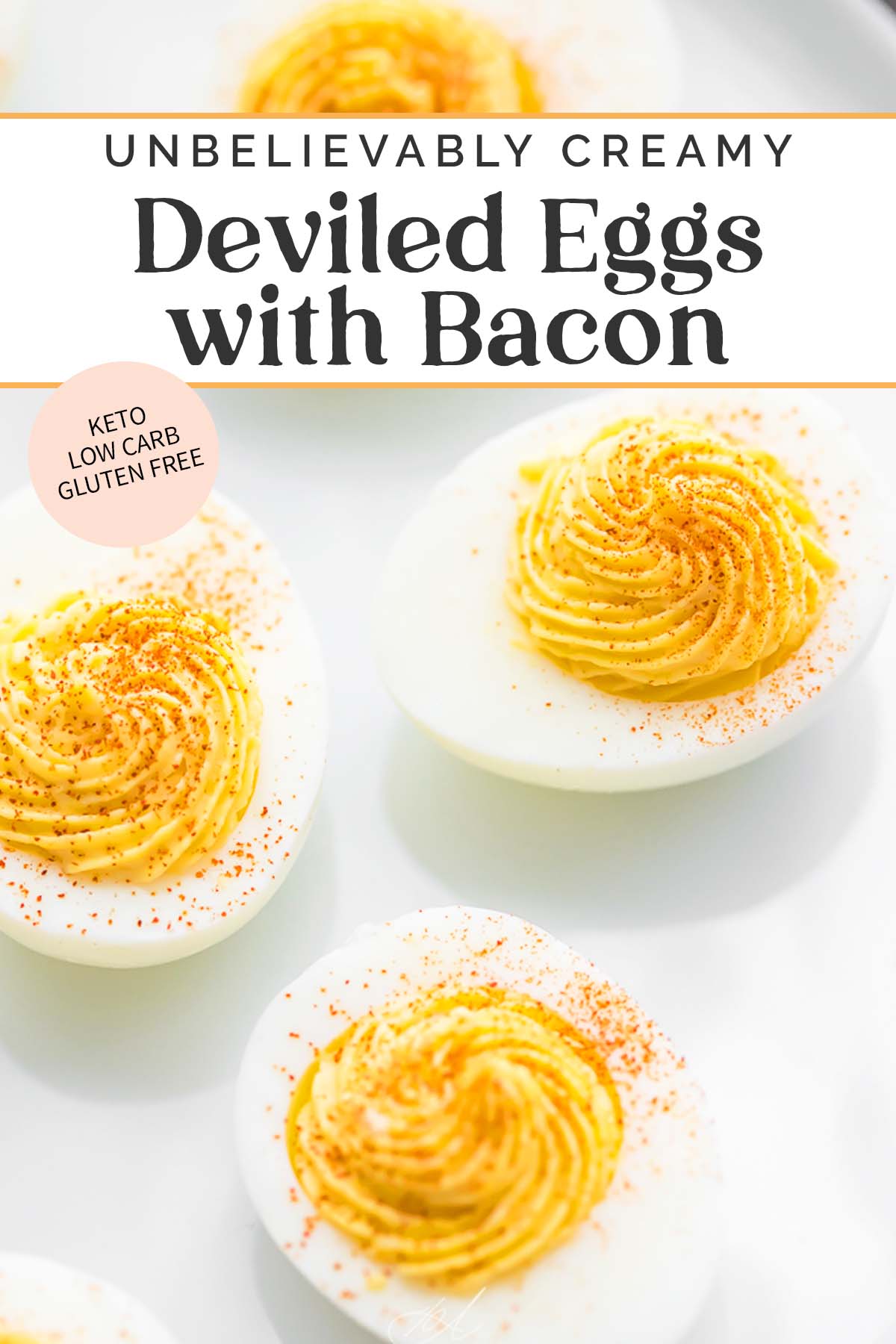 Pin graphic for keto deviled eggs with bacon.