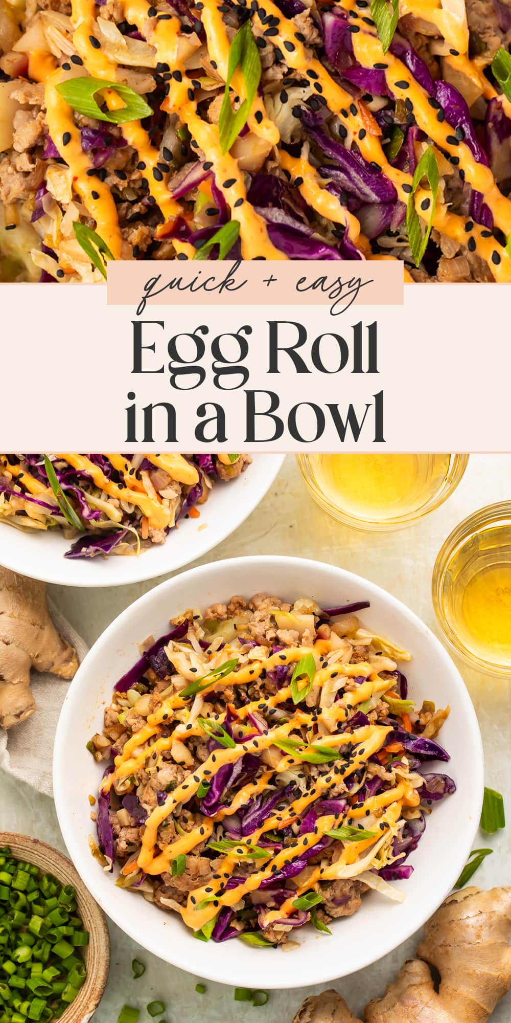 Pin graphic for egg roll in a bowl.