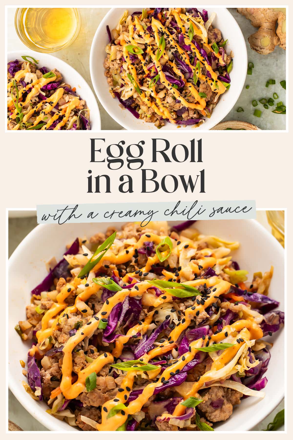 Pin graphic for egg roll in a bowl.