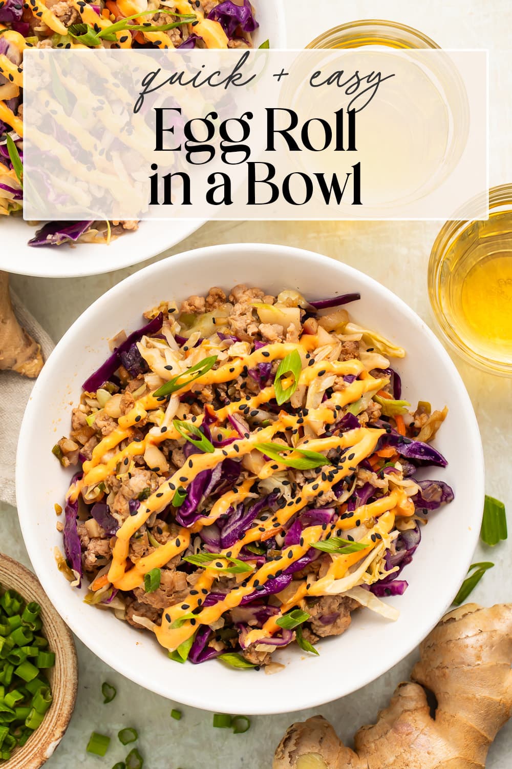 Pin graphic for egg roll in a bowl.