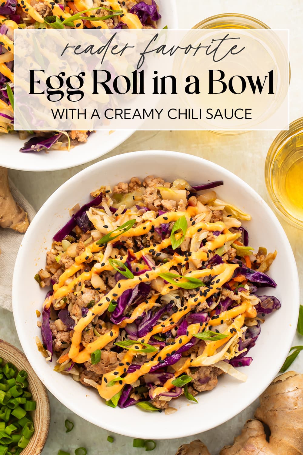 Pin graphic for egg roll in a bowl.