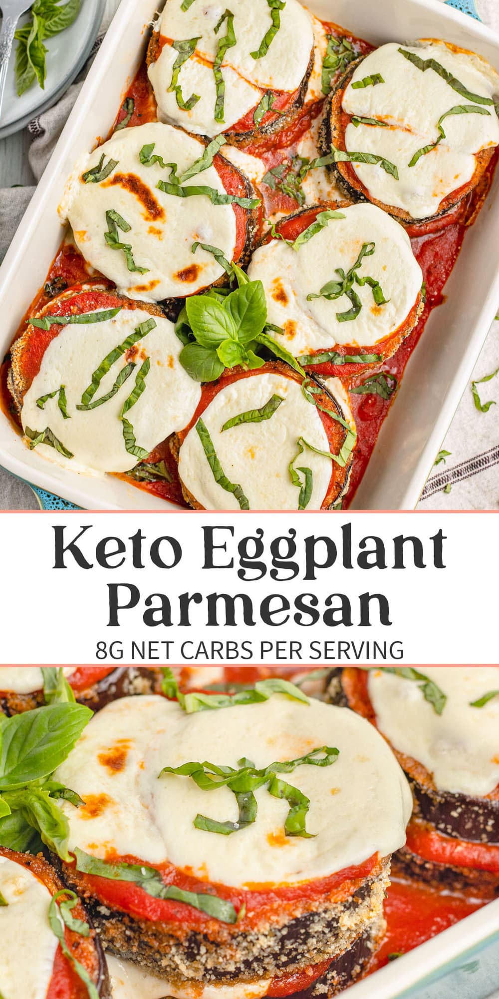 Pin graphic for keto eggplant parmesan.