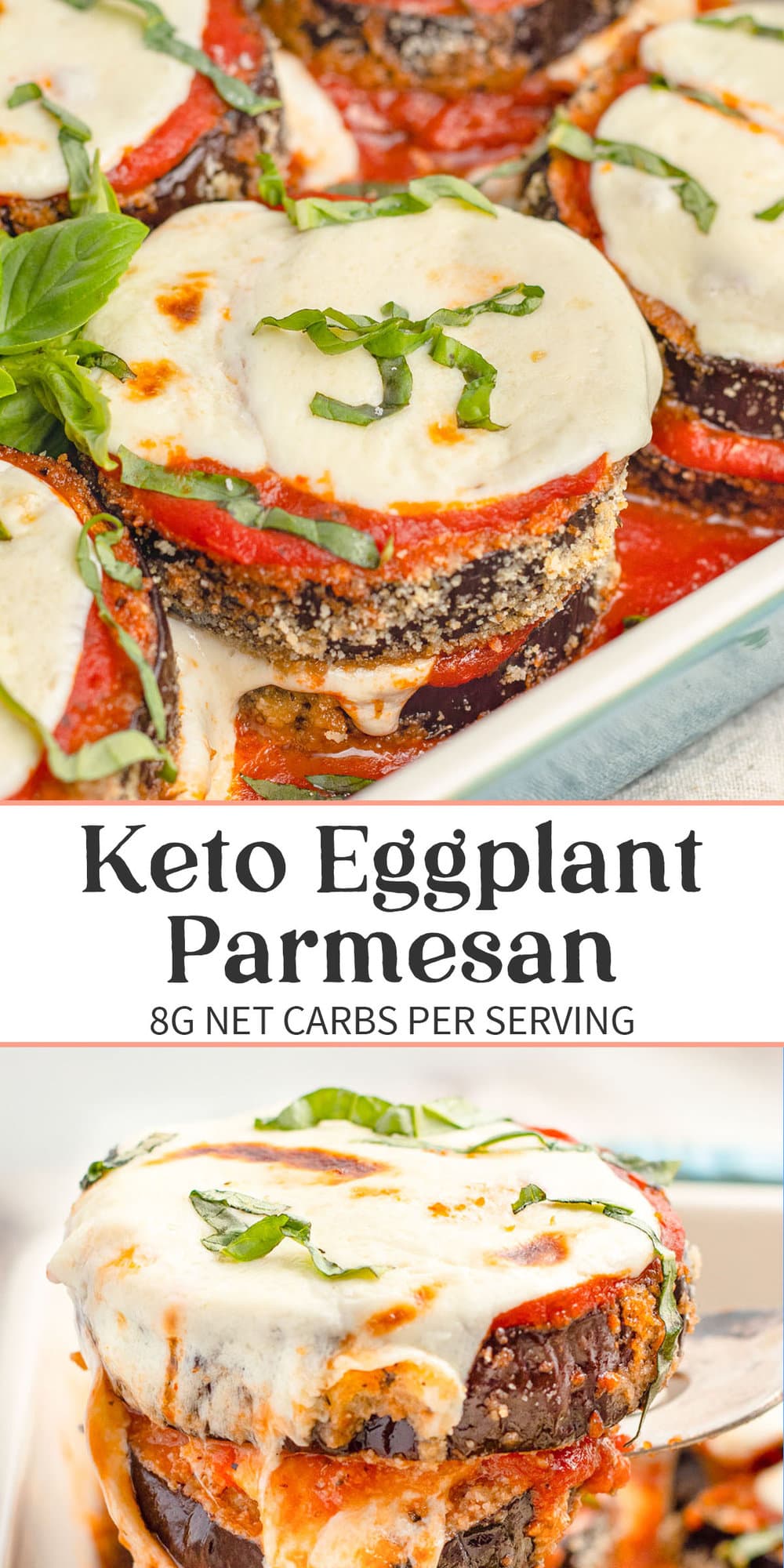 Pin graphic for keto eggplant parmesan.