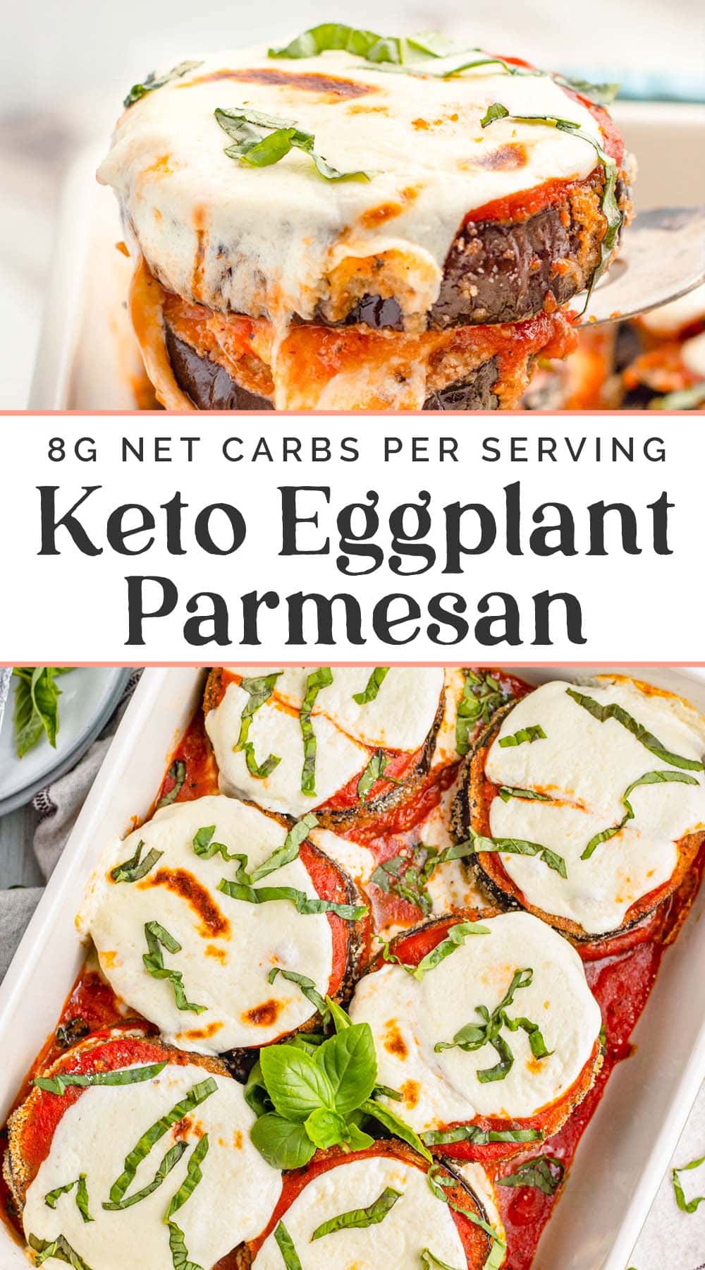 Pin graphic for keto eggplant parmesan.