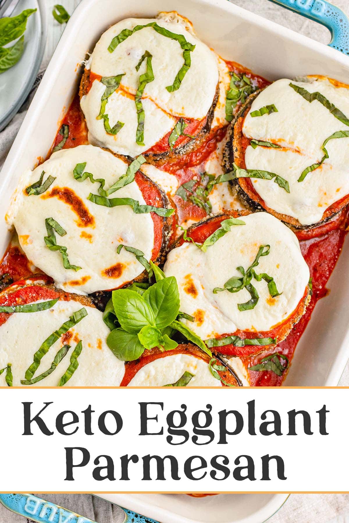 Pin graphic for keto eggplant parmesan.