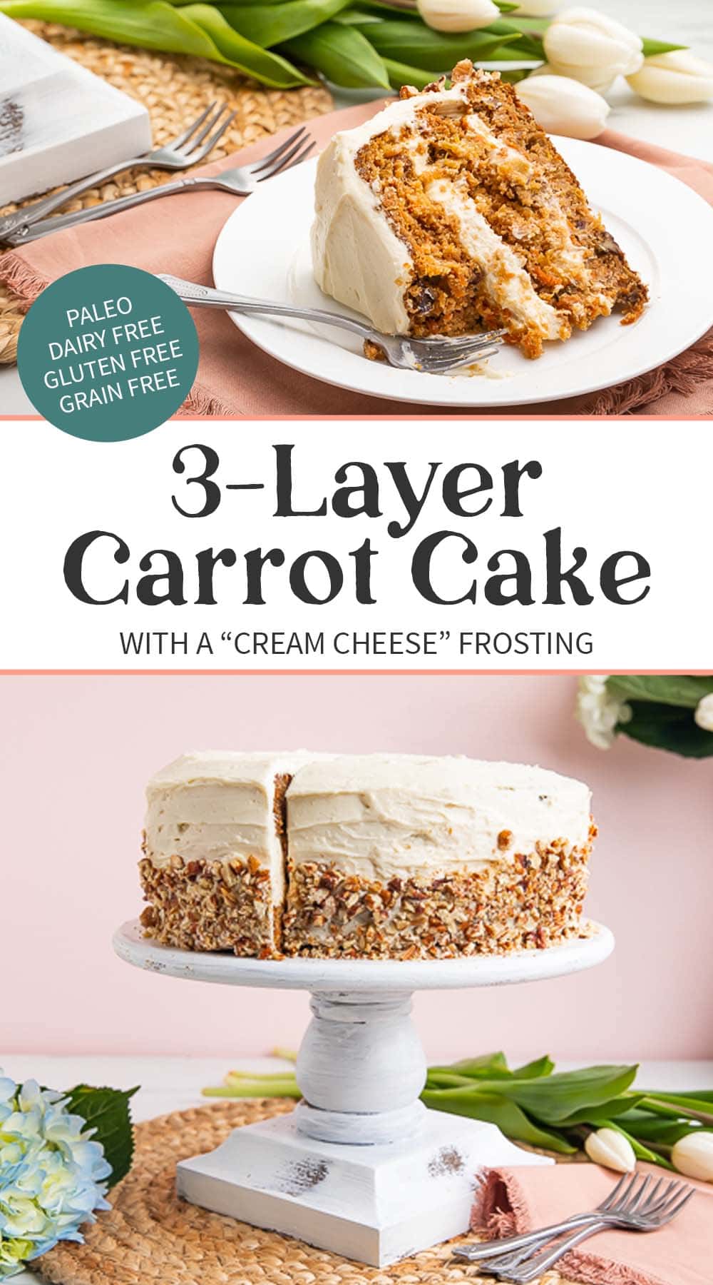 Pin graphic for paleo carrot cake.