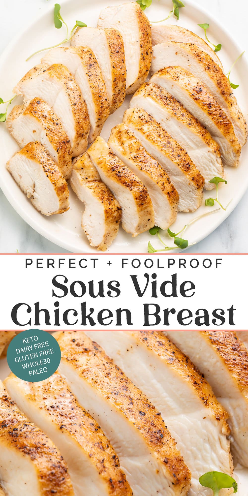 Pin graphic for sous vide chicken breast.