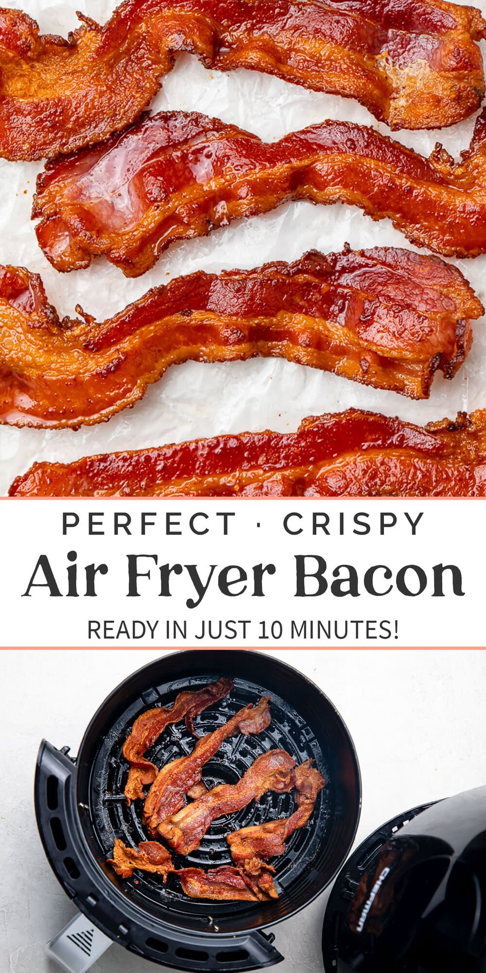 Pin graphic for air fryer bacon.