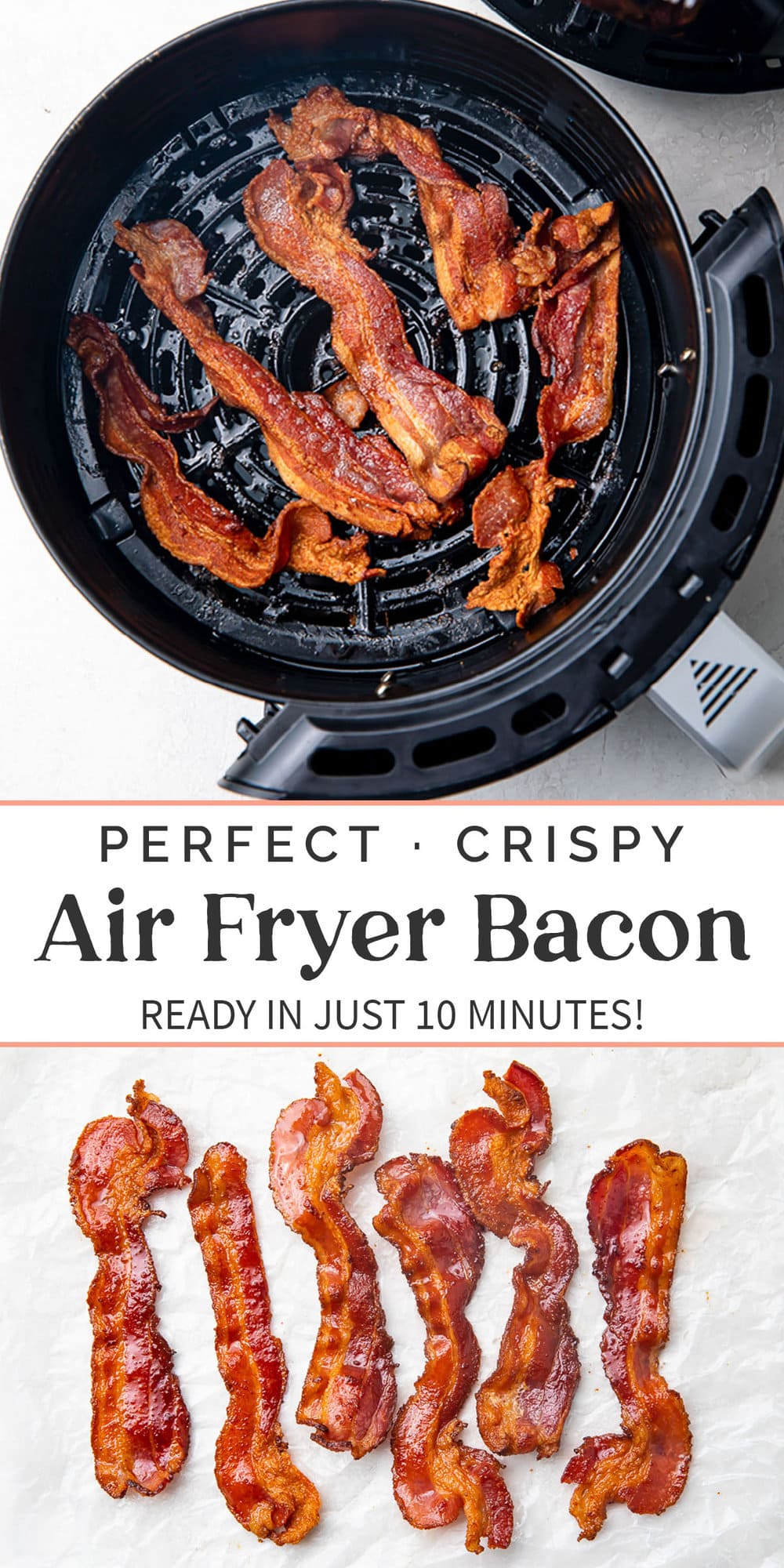 Pin graphic for air fryer bacon.