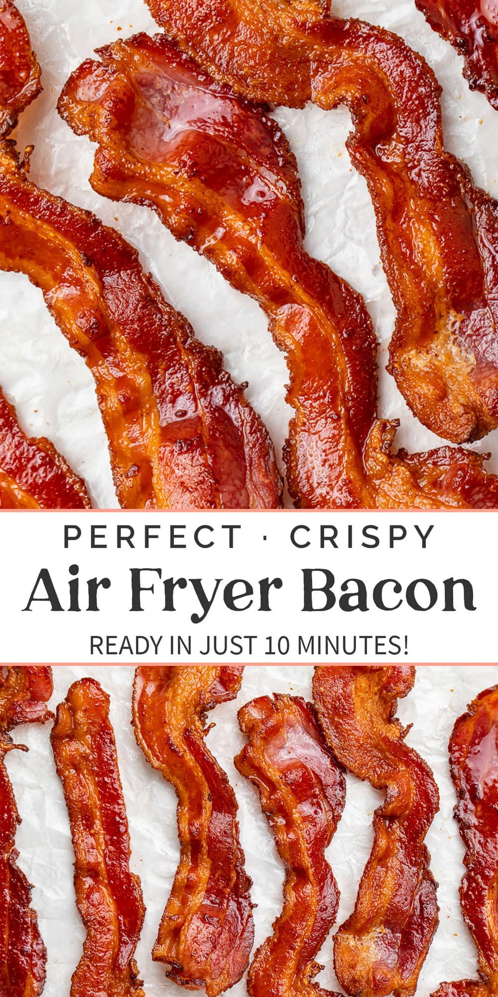 Pin graphic for air fryer bacon.