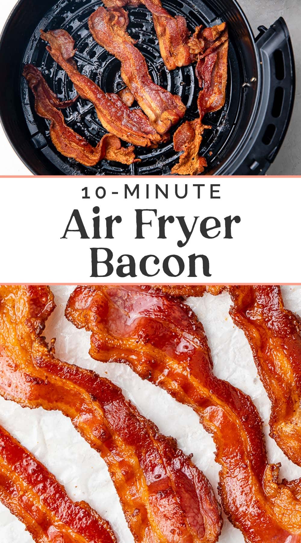 Pin graphic for air fryer bacon.