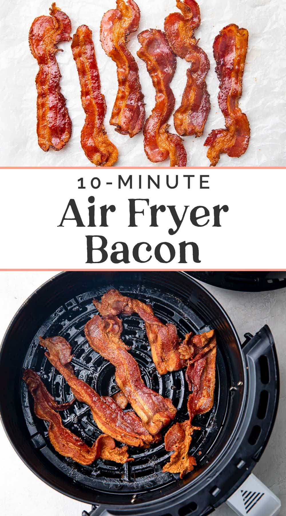 Pin graphic for air fryer bacon.