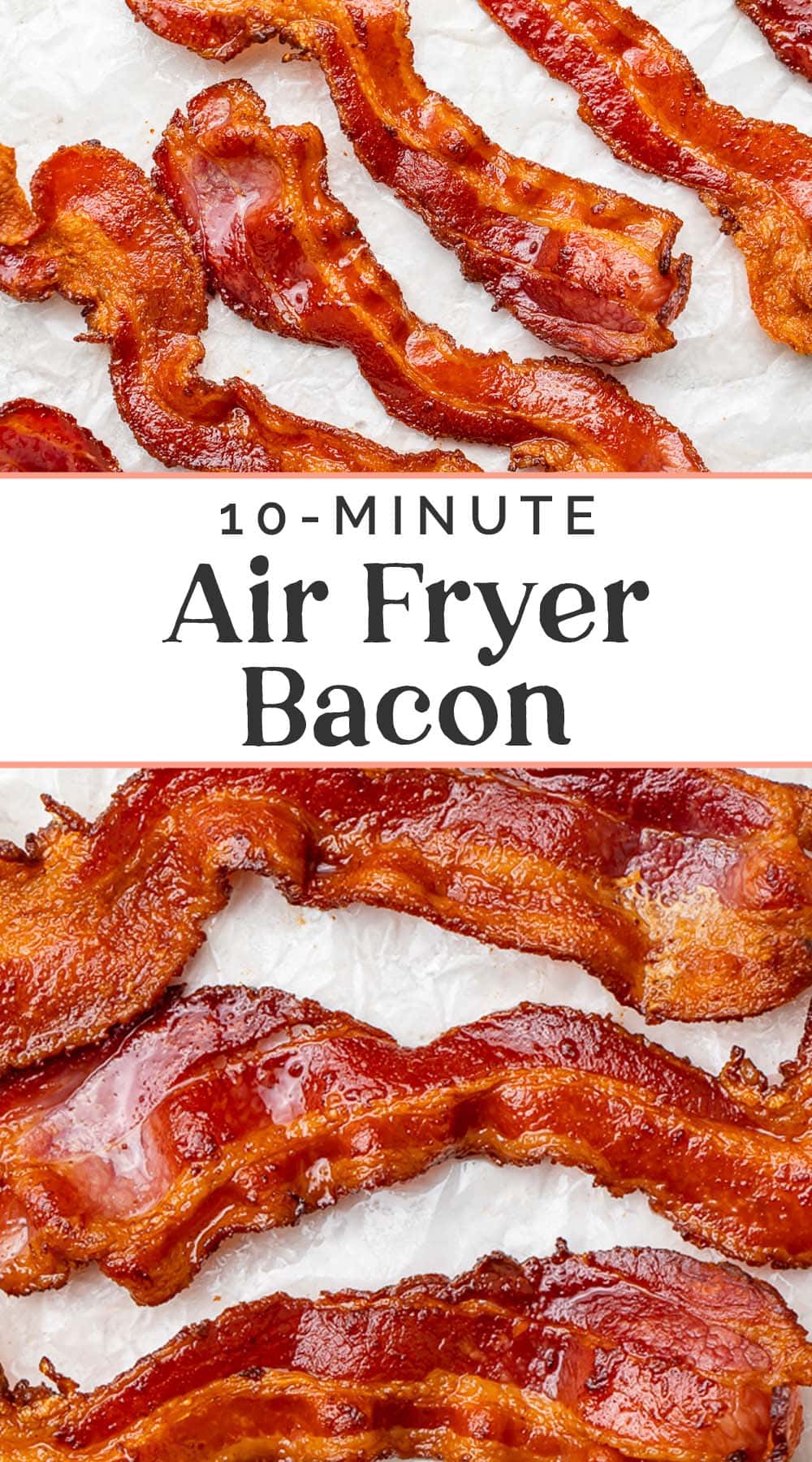 Pin graphic for air fryer bacon.